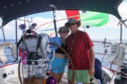 Admiral Janet and Captain John looking for the EASTERLY trade winds (never did find them during the crossing!)